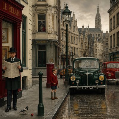 urban street with city activity — Belgian Art Style