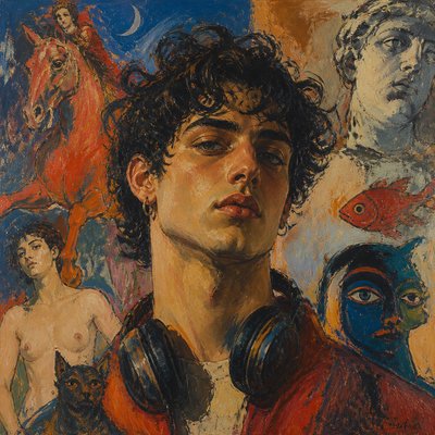 head-and-shoulders portrait of an original character: a young man with curly dark hair and headphones around his neck, plain backdrop, no text