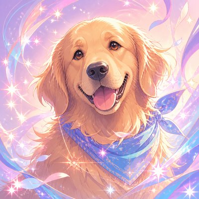 portrait of a golden retriever wearing a blue bandana, warm plain backdrop, no text