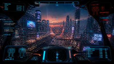 bustling city street panorama at dusk