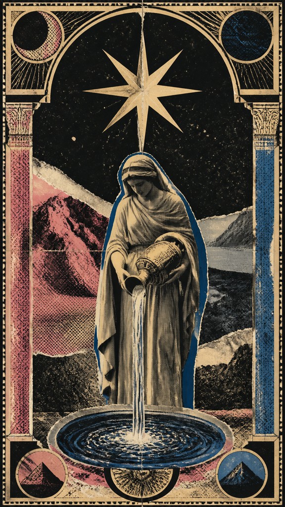 a robed figure pouring water beneath a large eight-pointed star in a night sky, symmetrical composition with an ornate decorative border, no text
