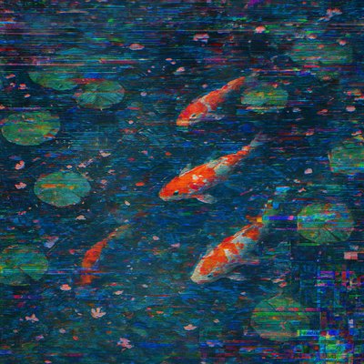 A koi pond seen from above, orange and white koi fish swimming among lily pads, clear water with subtle ripples, fallen cherry blossom petals floating on the surface, dappled sunlight