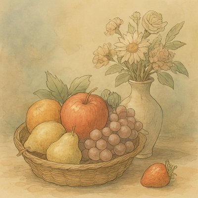 still life arrangement of fruits and flowers