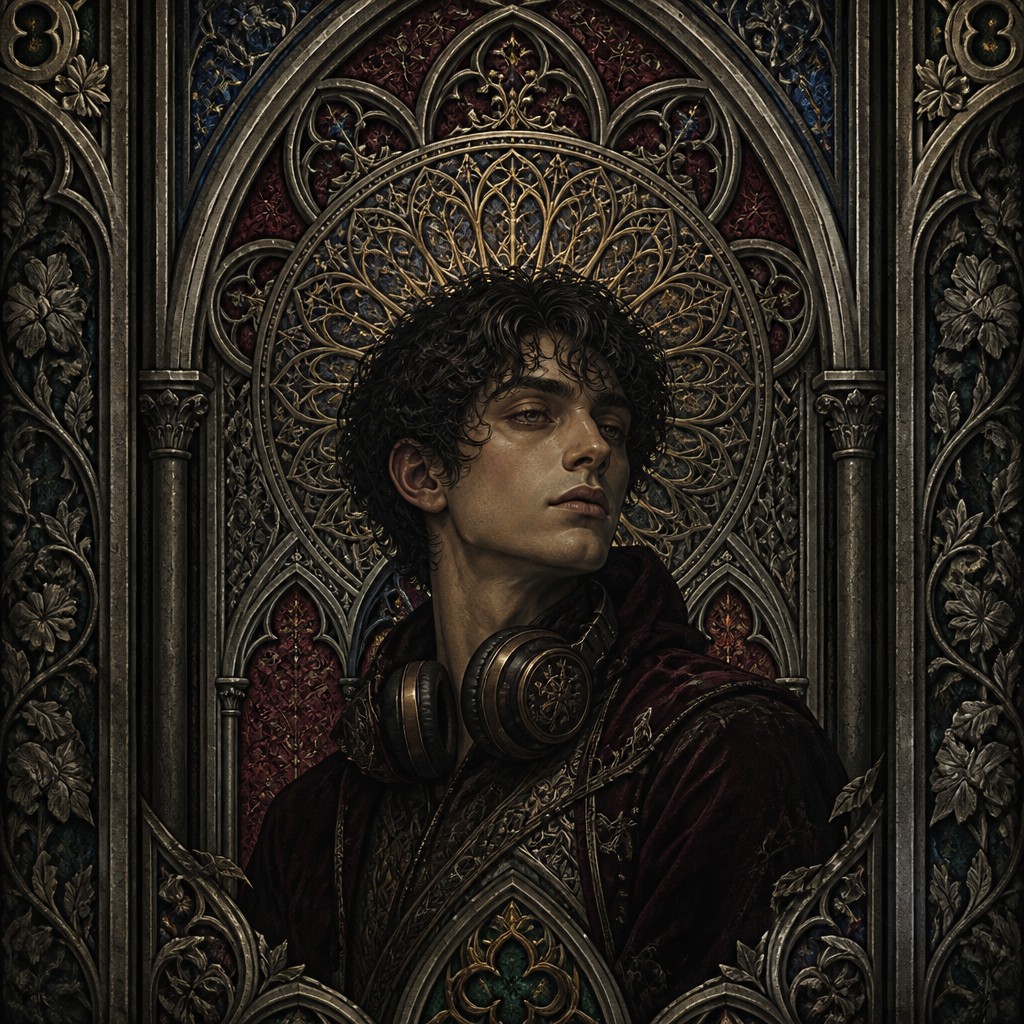 head-and-shoulders portrait of an original character: a young man with curly dark hair and headphones around his neck, plain backdrop, no text