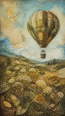 a hot air balloon drifting over rolling flower fields on a sunny day, cheerful, no text