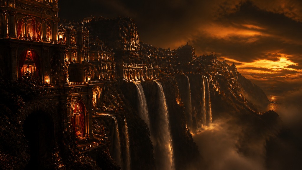 a cliffside city with waterfalls cascading into a misty canyon, wide establishing shot, no people, no text