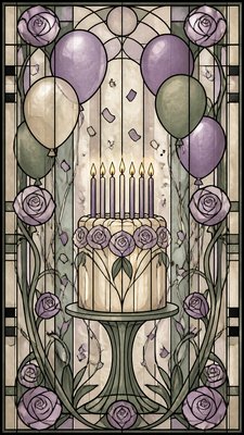 a birthday cake with lit candles surrounded by balloons and confetti, festive vertical composition, no text