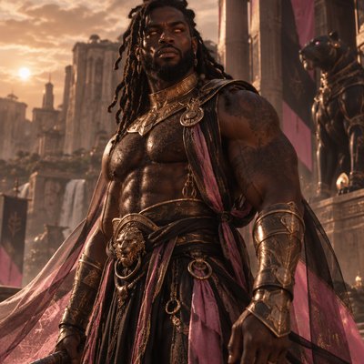 Je veux que tu me fasses un guerrier, tres modern avec une armure moderne genre full rose noir argenté sombre et voileen soie transparent mais juste un peu si besoin mais il a une armure en or genre le voile c’est juste histoire de rajouter du tissu sans manche ni haut in voit ses muscle et il a une barbe et des cheveux locks il est hot et poilu pour le realisme il est brun et a des yeux rose orangé brillant brillant, on dirait presque un dieu de l’ afrique ancien avec l’ethnie noir
