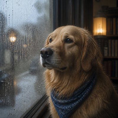 portrait of a golden retriever wearing a blue bandana, warm plain backdrop, no text