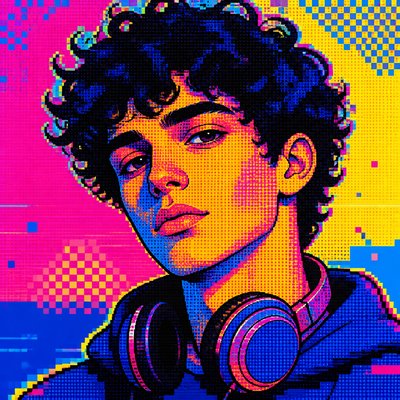 head-and-shoulders portrait of an original character: a young man with curly dark hair and headphones around his neck, plain backdrop, no text
