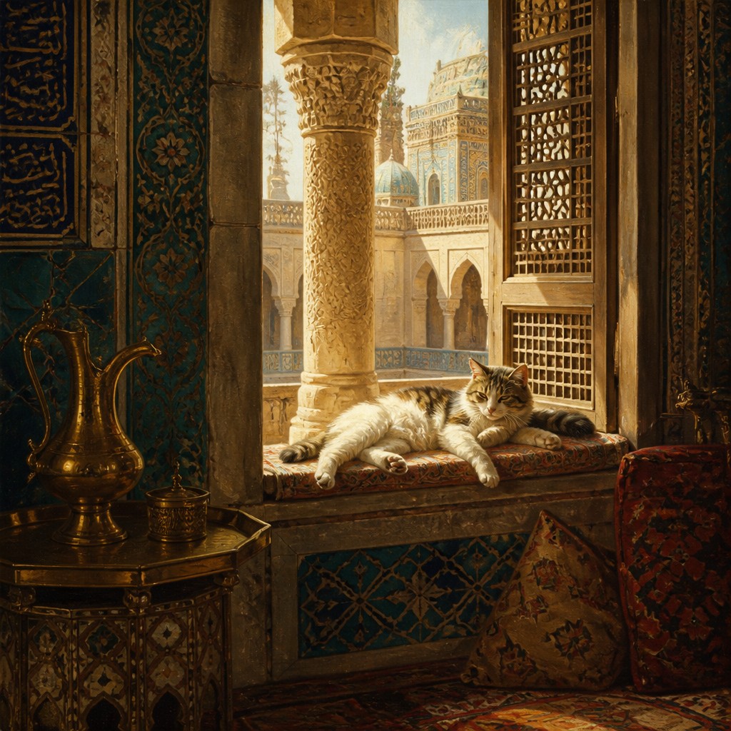 a cat lounging in a sunlit window — Orientalist Painting Style