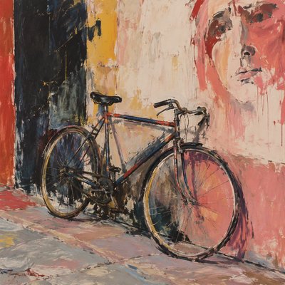 bicyle resting against a wall