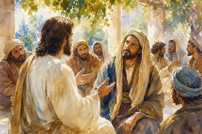 “And one of the scribes came up and heard them disputing with one another, and seeing that he answered them well, asked him, “Which commandment is the most important of all?” Jesus answered, “The most important is, ‘Hear, O Israel: The Lord our God, the Lord is one. And you shall love the Lord your God with all your heart and with all your soul and with all your mind and with all your strength.’ The second is this: ‘You shall love your neighbor as yourself.’ There is no other commandment greater than these.” And the scribe said to him, “You are right, Teacher. You have truly said that he is one, and there is no other besides him. And to love him with all the heart and with all the understanding and with all the strength, and to love one’s neighbor as oneself, is much more than all whole burnt offerings and sacrifices.” And when Jesus saw that he answered wisely, he said to him, “You are not far from the kingdom of God.”  Jesus stands among His disciples in a shady patio area outdoors talking to this scribe.  His disciples wonder at the exchange.  Several of them are also engaged in conversations set around the one Jesus is having.  We see Jesus from the left rear quarter, where we can see only the back of His head and the side of his face.  His hands are expressing His point.  The scribe to whom He speaks has a poignant, thoughtful expression.