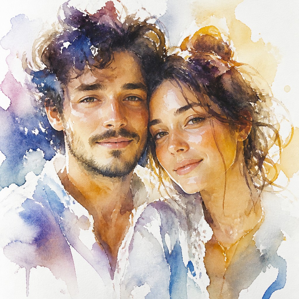 portrait of two people together — Watercolor Portrait Art Style