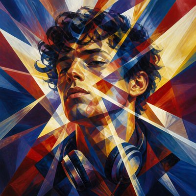 head-and-shoulders portrait of an original character: a young man with curly dark hair and headphones around his neck, plain backdrop, no text