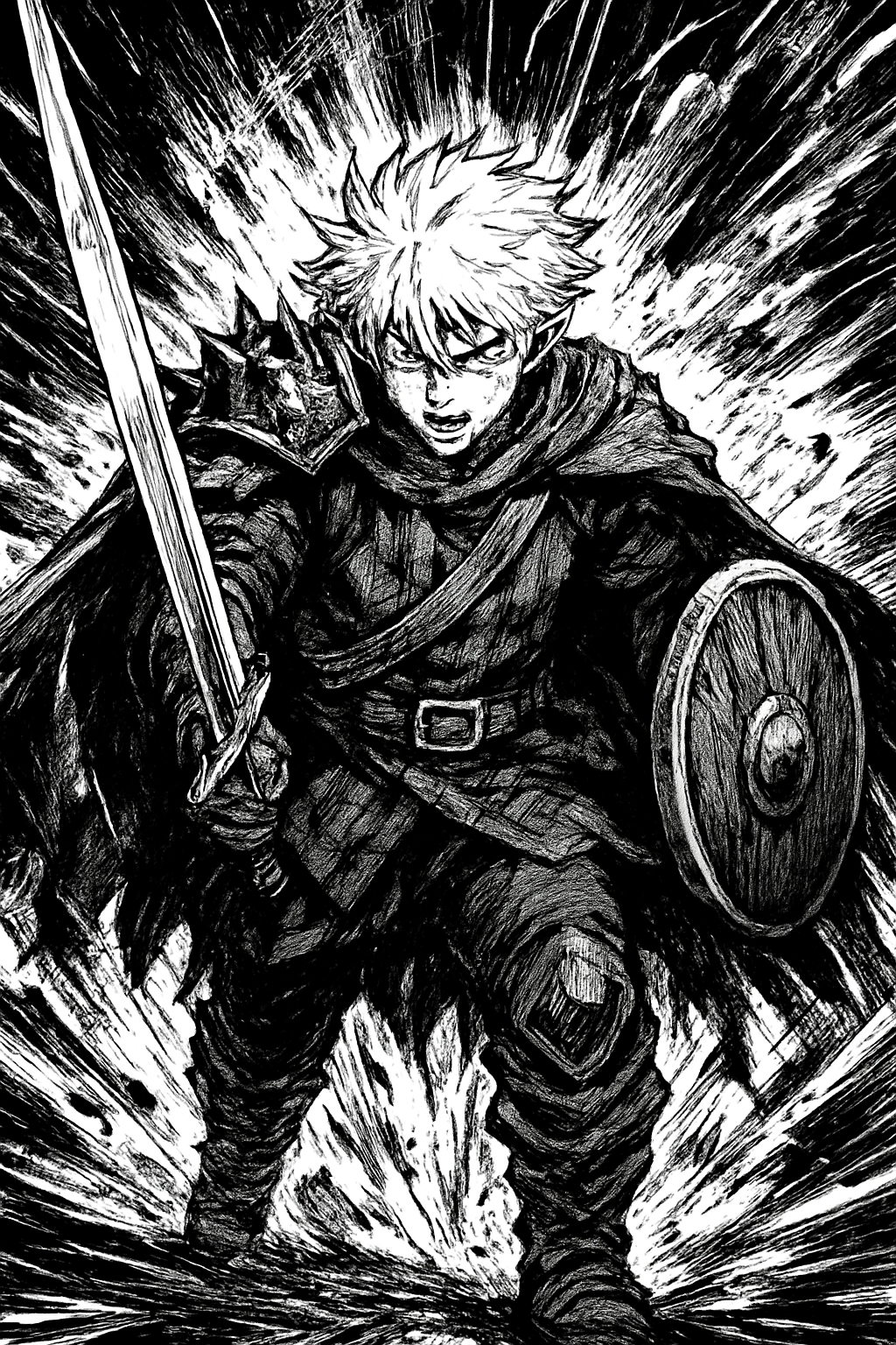 a black and white drawing of a man holding a sword