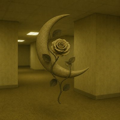 a rose entwined with a crescent moon, clean balanced composition on a plain background, no text