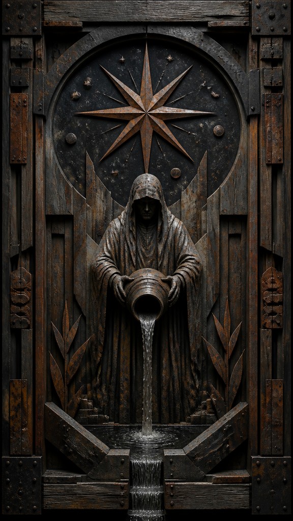 a robed figure pouring water beneath a large eight-pointed star in a night sky, symmetrical composition with an ornate decorative border, no text