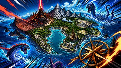 a map of an island realm with mountains, forests, a sheltered bay, sea monsters in the water and a compass rose, no text labels