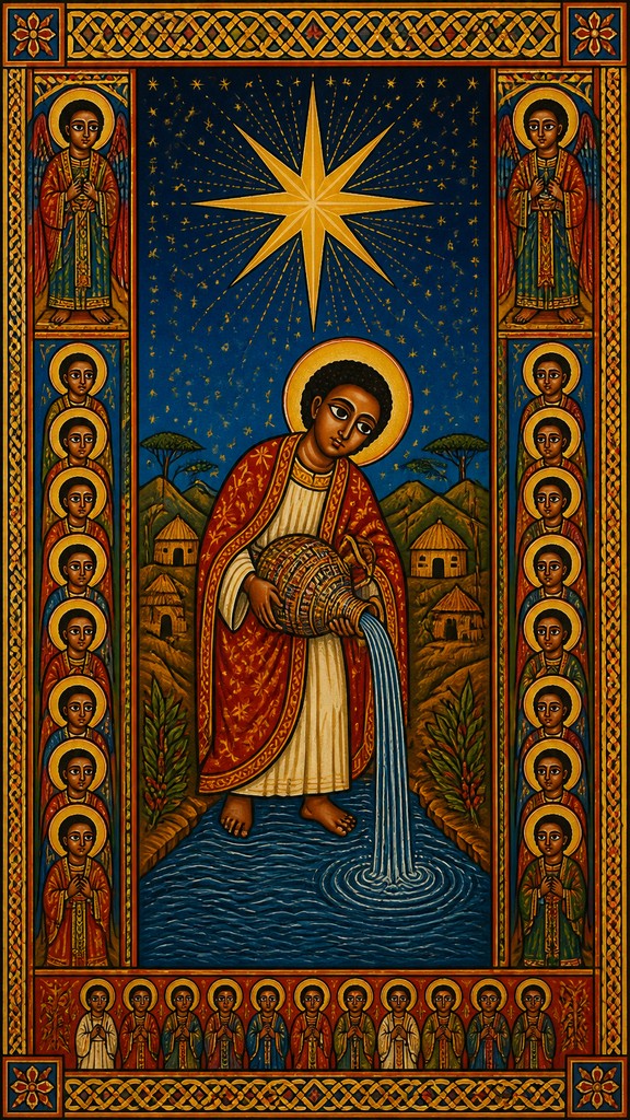 a robed figure pouring water beneath a large eight-pointed star in a night sky, symmetrical composition with an ornate decorative border, no text