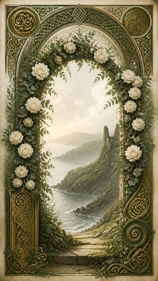 an arch of white roses and eucalyptus in soft morning light, elegant vertical composition with open space, no text
