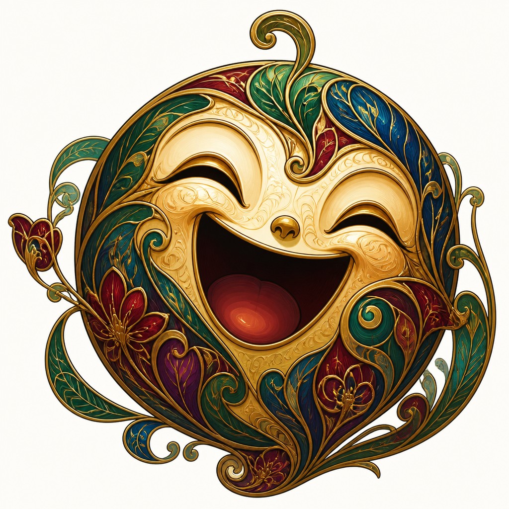 an exaggerated laughing face of an original round mascot character, bold and readable at small size, plain background, no text