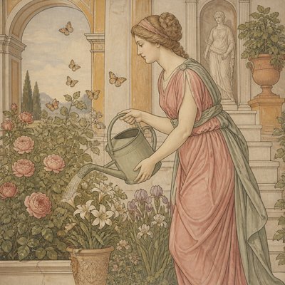 a garden scene with butterflies, flowers and a watering can, clean uncolored line art, no text