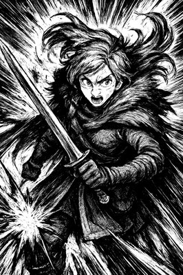 a black and white drawing of a woman holding a sword
