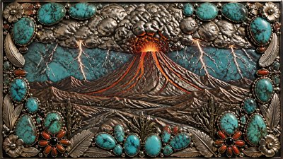 an erupting volcano with lightning strikes, dramatic wide composition, no text