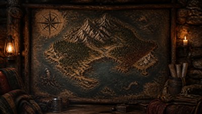 a map of an island realm with mountains, forests, a sheltered bay, sea monsters in the water and a compass rose, no text labels