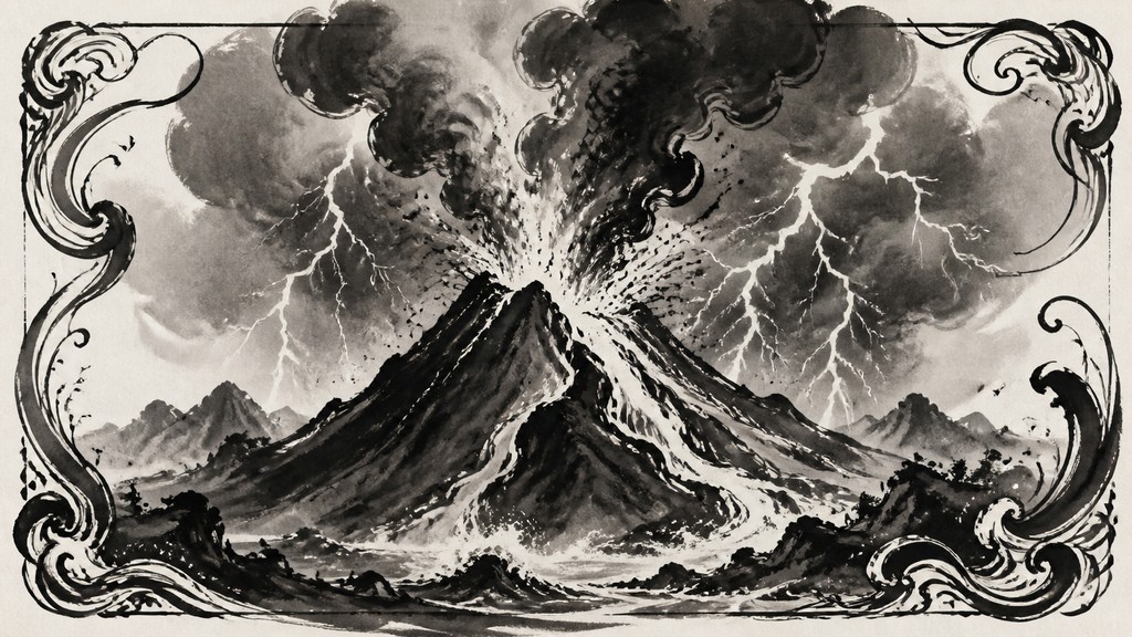 an erupting volcano with lightning strikes, dramatic wide composition, no text