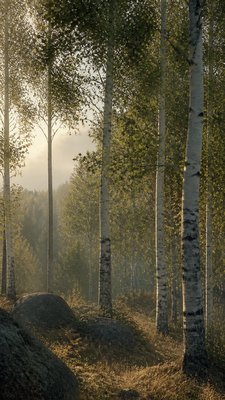 a serene birch forest in soft morning light, no people, no text