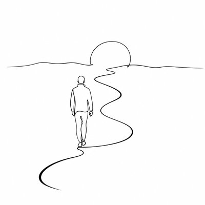 a solitary figure walking toward a glowing horizon across an empty plain, moody atmosphere, no text or lettering