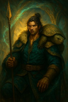 a man sitting on a chair with a turtle on his shoulders