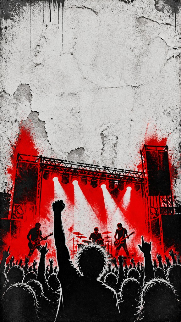 a live music scene with a glowing stage and silhouetted crowd, energetic vertical composition with open space at the top, no text