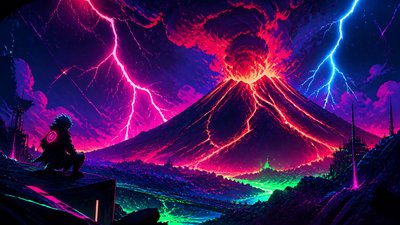 an erupting volcano with lightning strikes, dramatic wide composition, no text