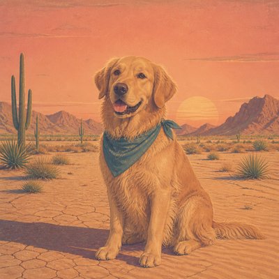 portrait of a golden retriever wearing a blue bandana, warm plain backdrop, no text