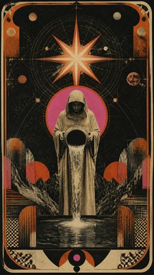 a robed figure pouring water beneath a large eight-pointed star in a night sky, symmetrical composition with an ornate decorative border, no text