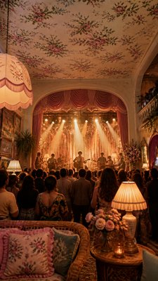 a live music scene with a glowing stage and silhouetted crowd, energetic vertical composition with open space at the top, no text