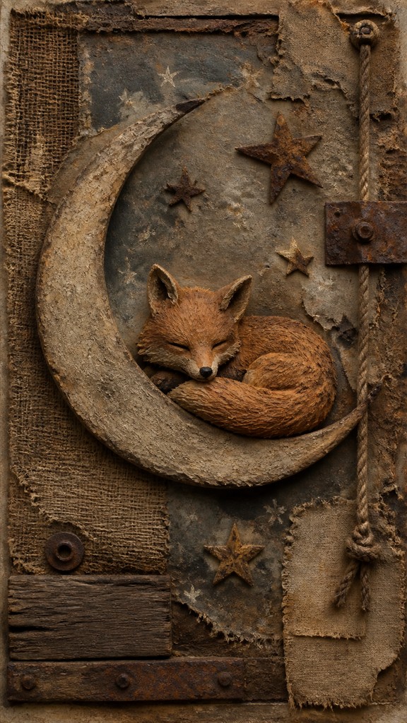 a sleeping baby fox curled on a crescent moon among soft stars, gentle and warm, no text
