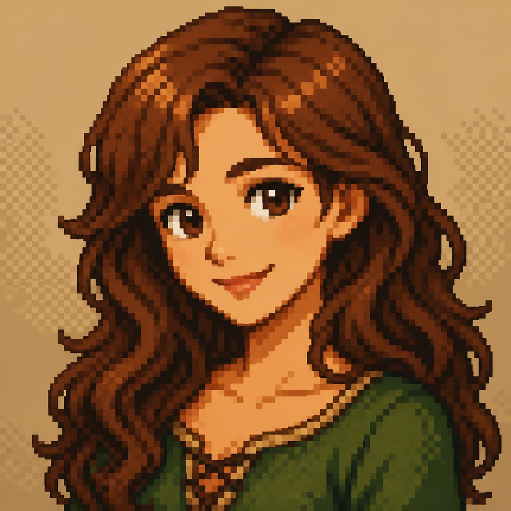 head-and-shoulders portrait of an original character: a young woman with wavy chestnut hair and a warm smile, plain soft backdrop