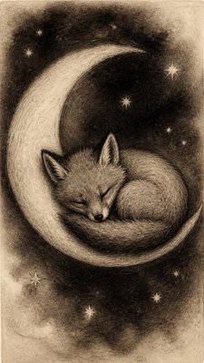 a sleeping baby fox curled on a crescent moon among soft stars, gentle and warm, no text