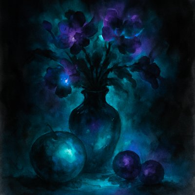 still life arrangement of fruits and flowers