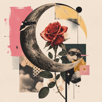 a rose entwined with a crescent moon, clean balanced composition on a plain background, no text