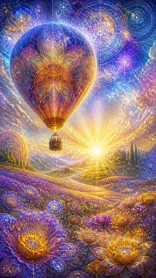 a hot air balloon drifting over rolling flower fields on a sunny day, cheerful, no text