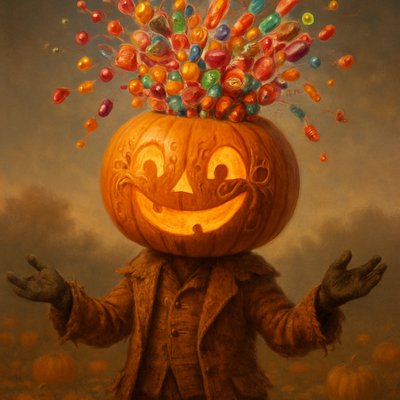 "A cheerful and fantastical figure with a large, glowing jack-o'-lantern for a head. The pumpkin's face is carved with a distinctly happy, friendly, wide-mouthed smile and joyful eyes. Instead of traditional jagged cuts, the facial features (eyes, nose, mouth) are intricately carved with elegant, swirling, vine-like patterns, giving it a whimsical and artistic look. The pumpkin head emits a warm, inviting orange glow from within.

Dramatically bursting and cascading out of the very top of the pumpkin's head is an overflowing abundance of vibrant, colorful Halloween candy. This candy explosion includes individually wrapped chocolates, lollipops, jelly beans, candy corn, and various brightly colored sweets, all tumbling outwards in a joyous, sugary fountain.

The figure itself has a rustic, scarecrow-like body, perhaps dressed in tattered but festive autumn-colored clothing (e.g., burlap, plaid, or warm browns and oranges), standing in an autumnal setting. The background could feature a gently lit pumpkin patch, fallen autumn leaves, or a soft, blurred evening sky. The lighting is warm and enchanting, highlighting the pumpkin's glow and the glossy sheen of the candy. The overall mood is one of festive joy, playful magic, and autumnal abundance. stylized realism, intricate detail, dynamic composition, warm dramatic lighting, focus on textures (pumpkin, candy), fantasy elements"