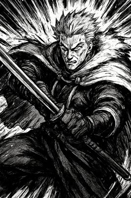 a black and white drawing of a man with a sword