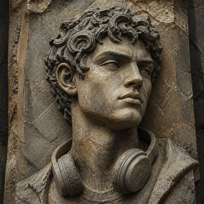 head-and-shoulders portrait of an original character: a young man with curly dark hair and headphones around his neck, plain backdrop, no text