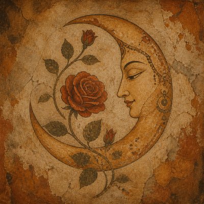 a rose entwined with a crescent moon, clean balanced composition on a plain background, no text