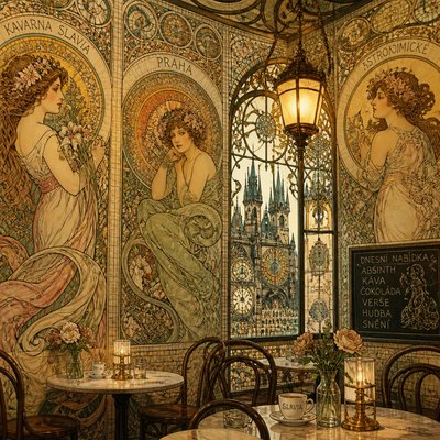 cozy cafe interior with warm lighting